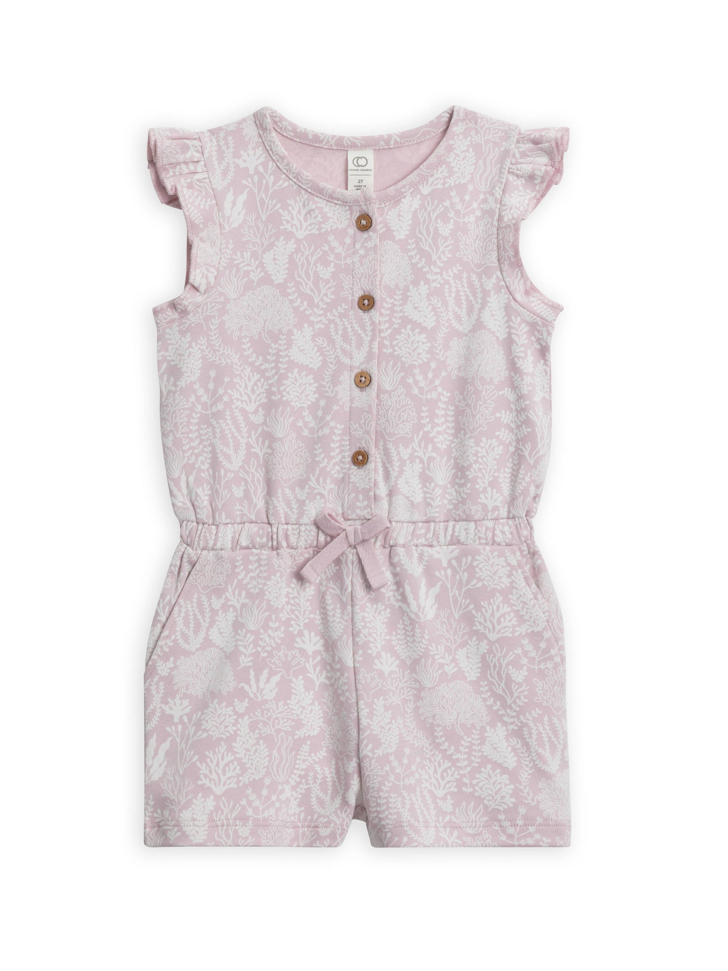 With flutter sleeves, eco-friendly coconut buttons, and an adorable cinched waist, the Shaye Romper is perfect for every outdoor adventure. Made with 100% organic co