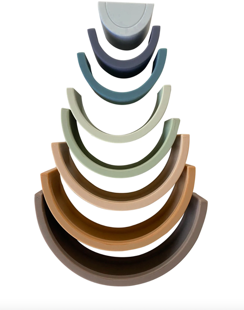 The Silicone Rainbow Teething Stacker is the ultimate multi-purpose toy. Teething + Play! Your baby will quickly discover how the stacking arches make the best sooth
