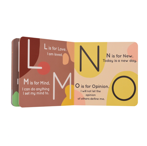 The ABC Affirmation Baby Book (6" x 6” board book) includes 26 positive affirmations to build babies' confidence. This book is illustrated to mirror different skin