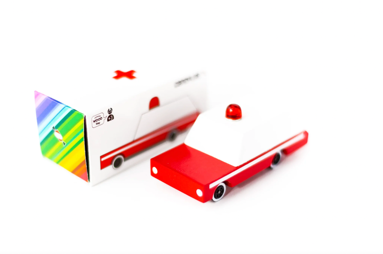 We’ve got a mini medic here to lend a helping hand! This Red and White Candycar Ambulance is first on the scene. Part of our new candycar line, a cute 3 inches long.