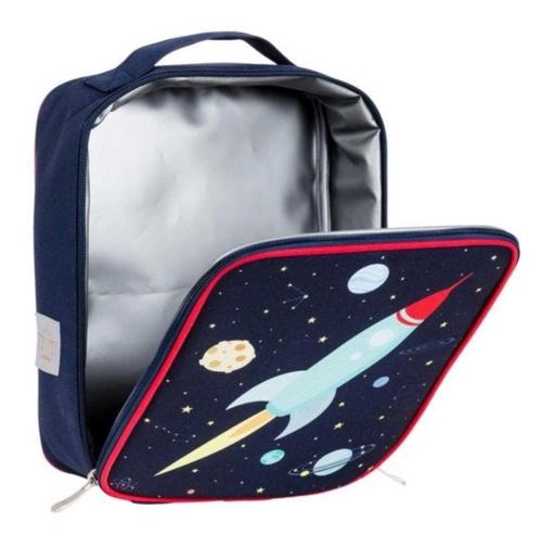This fun cool bag is made of a sturdy lightweight material. It has a large insulated compartment with a zipper which keeps snacks and drinks cool and fresh. The bag