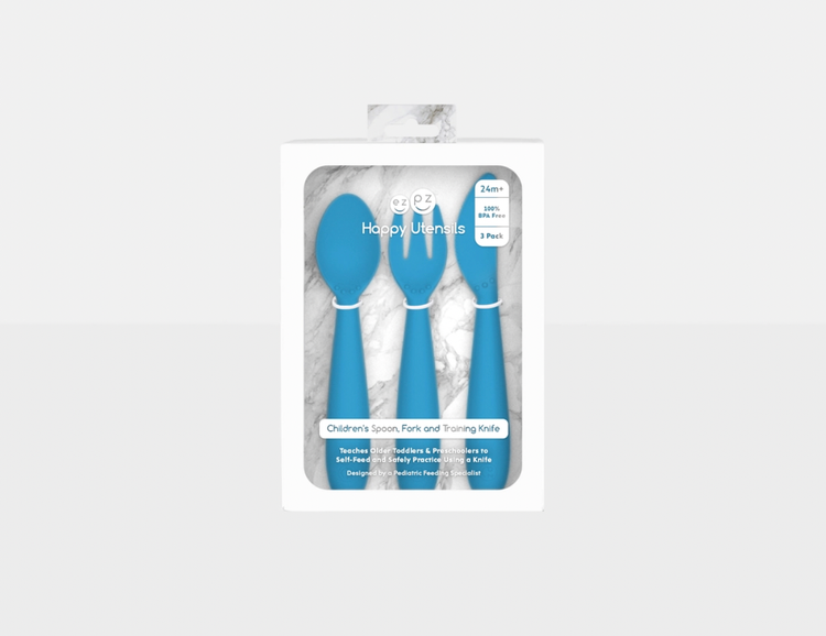 Learning self-feeding skills with utensils is an important developmental milestone. The ezpz Happy Utensils are designed to help older toddlers / presch