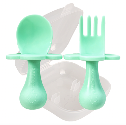 Grabease utensils are one of the safest ways for babies to start self feeding. Our individual sets come with one pair of utensils. Comes with spoon and fork