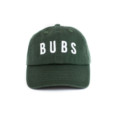 Toddler Size (1-4 Years): 21”
Black “BUBS” hat featuring adjustable back with metal closure. Letters are embroidered.