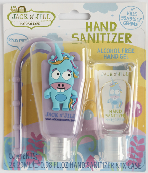 Kills 99.99% germs. Cute silicone holder included - can be attached to bag or keychain.
Fragrance free. Rinse free. Alcohol free.
Includes two bottles of hand saniti