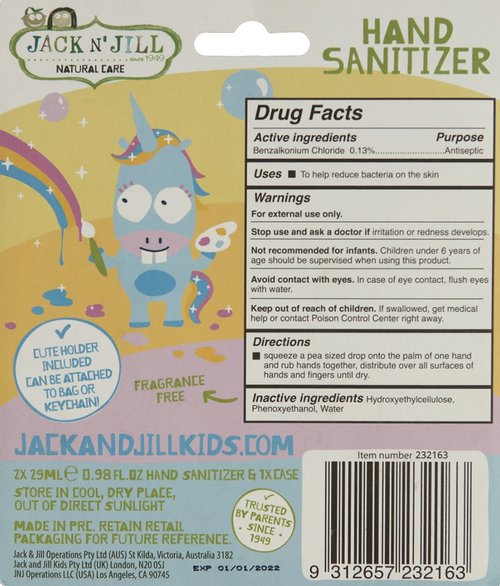 Kills 99.99% germs. Cute silicone holder included - can be attached to bag or keychain.
Fragrance free. Rinse free. Alcohol free.
Includes two bottles of hand saniti