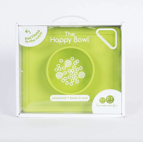The ezpz Happy Bowl is an all-in-one placemat + bowl that suctions to the table, which means that it captures the mess and eliminates tipped bowls and plates. The