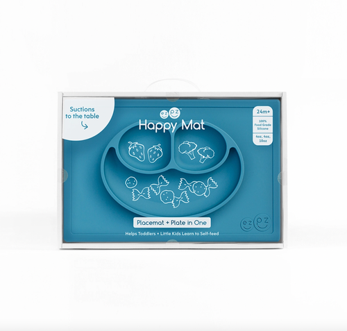 The Happy Mat is ezpz's award-winning flagship product. It is an all-in-one placemat + plate that suctions to the table, which means that it captures the mess and