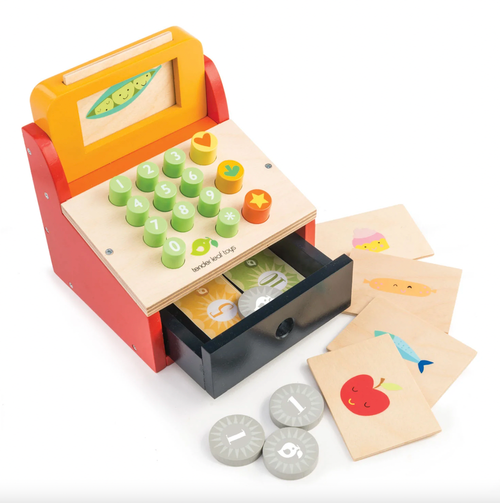 This beautifully painted till has real buttons to push and is packed with paper money and wooden coins. There are 5 wooden pictures to slot into the top window for e
