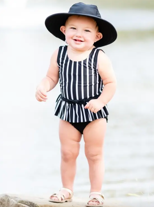 Black White Stripe Skirted One Piece Swimsuit Boppabug