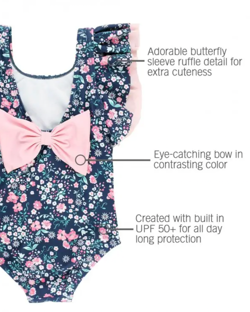 Soft, sweet flowers adorn a bold background on this blue floral flutter sleeve swimsuit for girls. Made from a fabric with UPF 50+ sun protection built in and feat