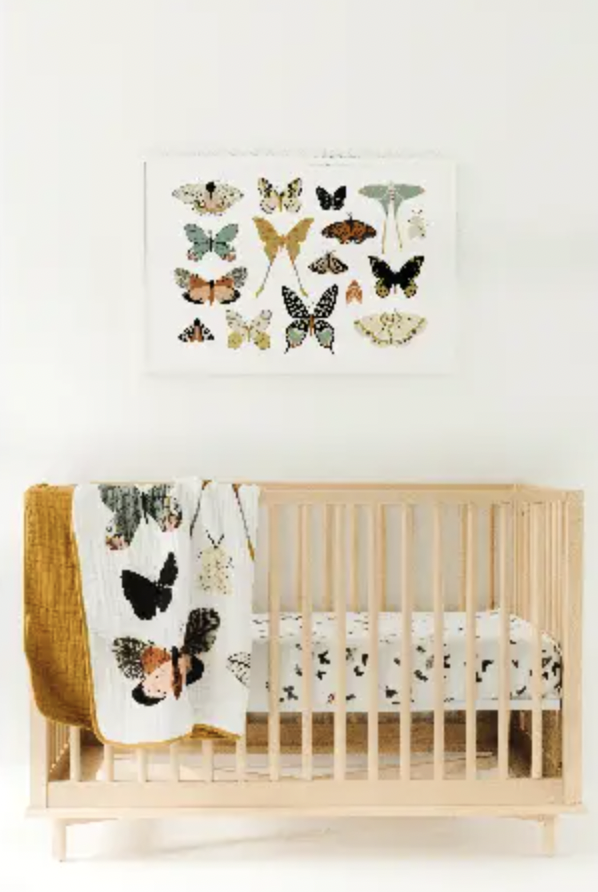 -Four layers of muslin come together in a breathable but warm quilt perfect for babies, toddlers, cribs, play time, picnics, and pictures.
-47x47 inches
-Made of 100