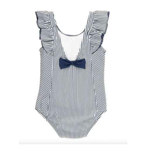 A favorite style in a nautical new navy stripe, it features waterfall detail for added flair. Made from a fabric with UPF 50+ sun protection built in, this girls' r