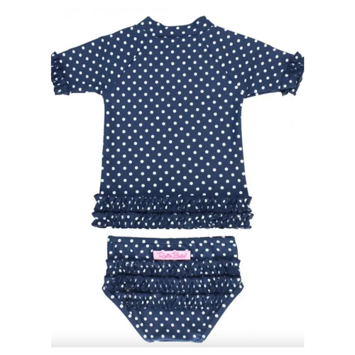 Add style to your little girl’s summer attire with this Navy Polka Dot Ruffled Bikini. This two-piece set is perfect for easy changing and offers sun protection w