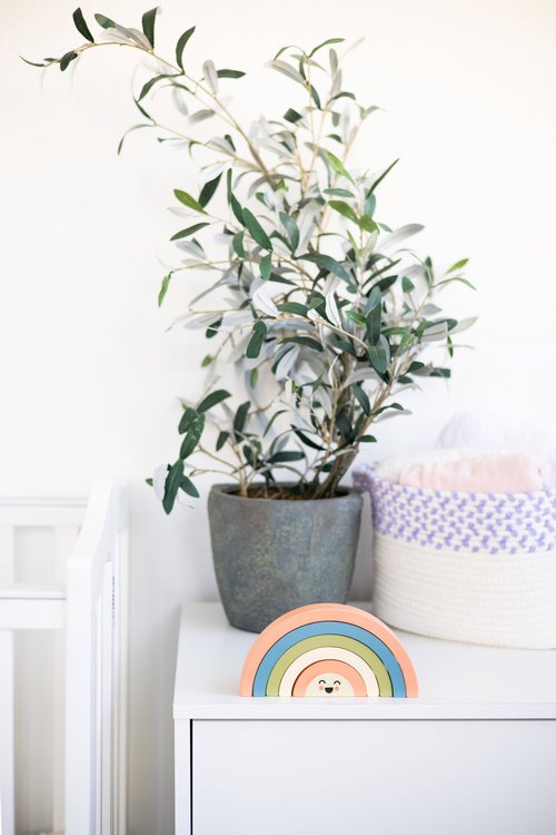 • Your little baby girl or baby boy will love playing, stacking and interacting with this adorable wooden rainbow toy by Pearhead!
• Includes 5 multicolor muted tone