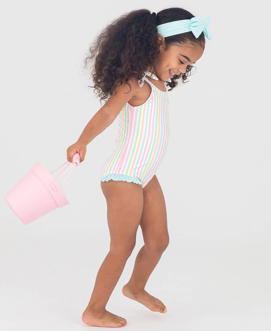 Girls Pastel Rainbow Stripe Tie Shoulder One-Piece Swimsuit