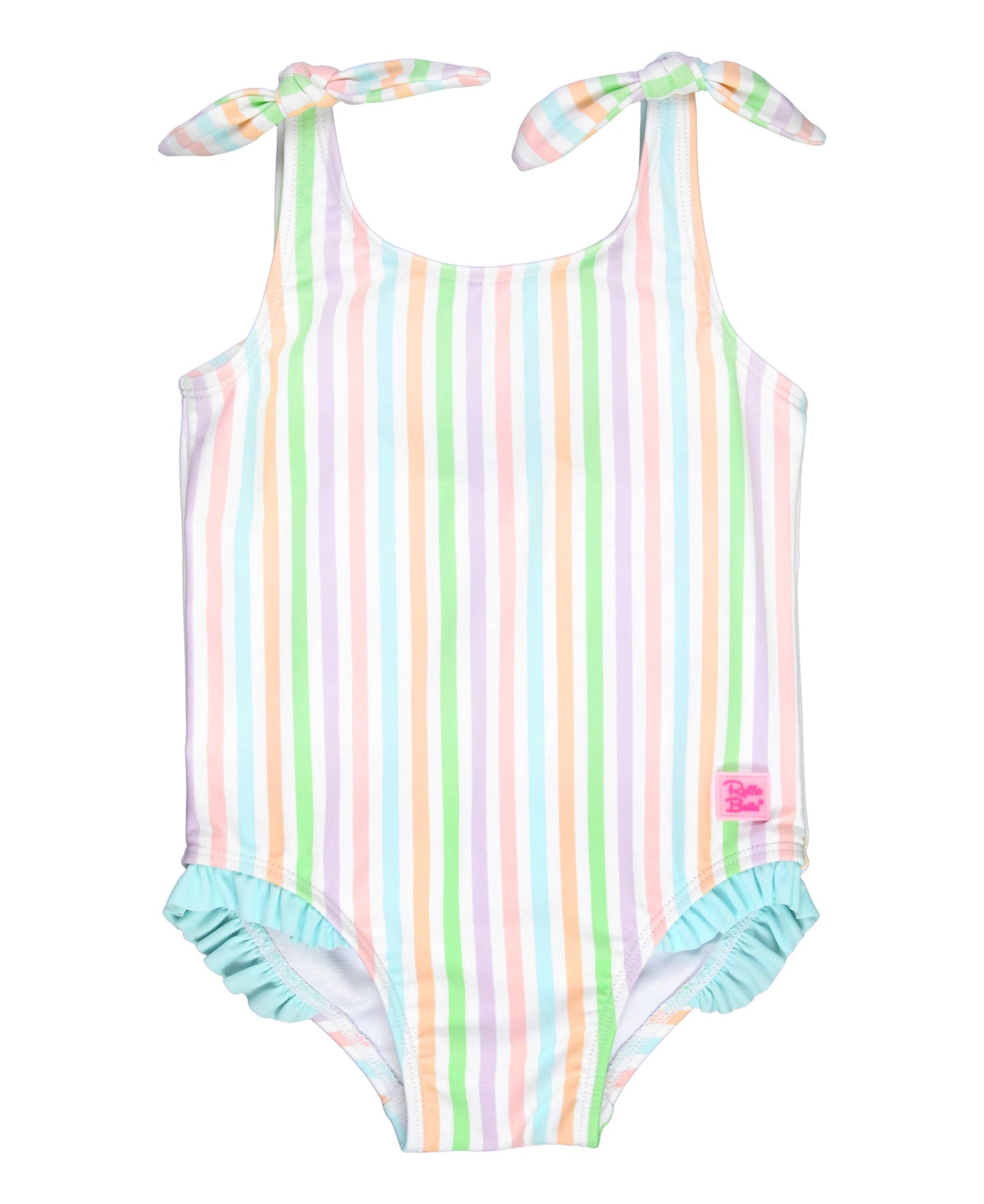 Girls Pastel Rainbow Stripe Tie Shoulder One-Piece Swimsuit