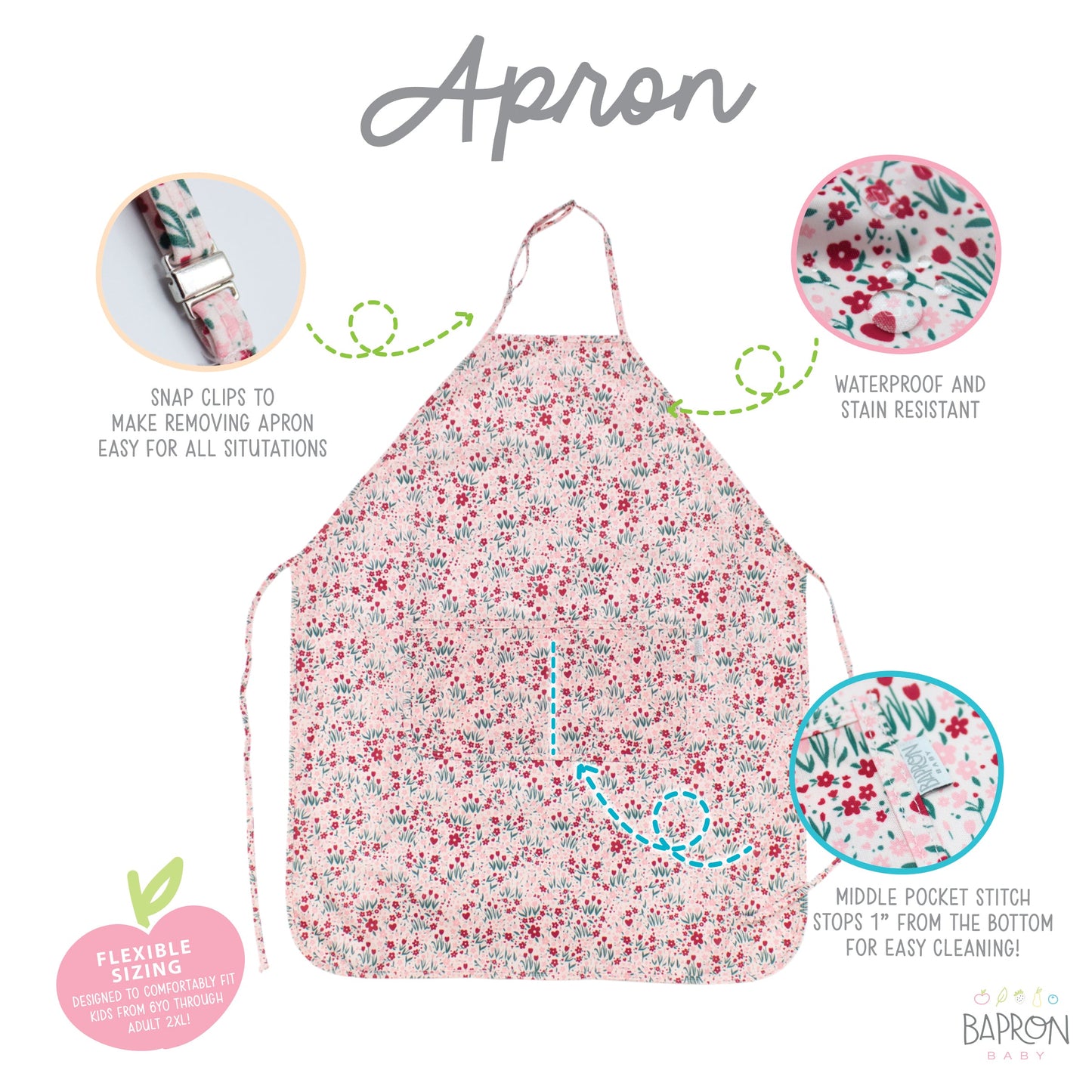 Blushing Blooms Apron - fits sizes youth small through adult 2XL