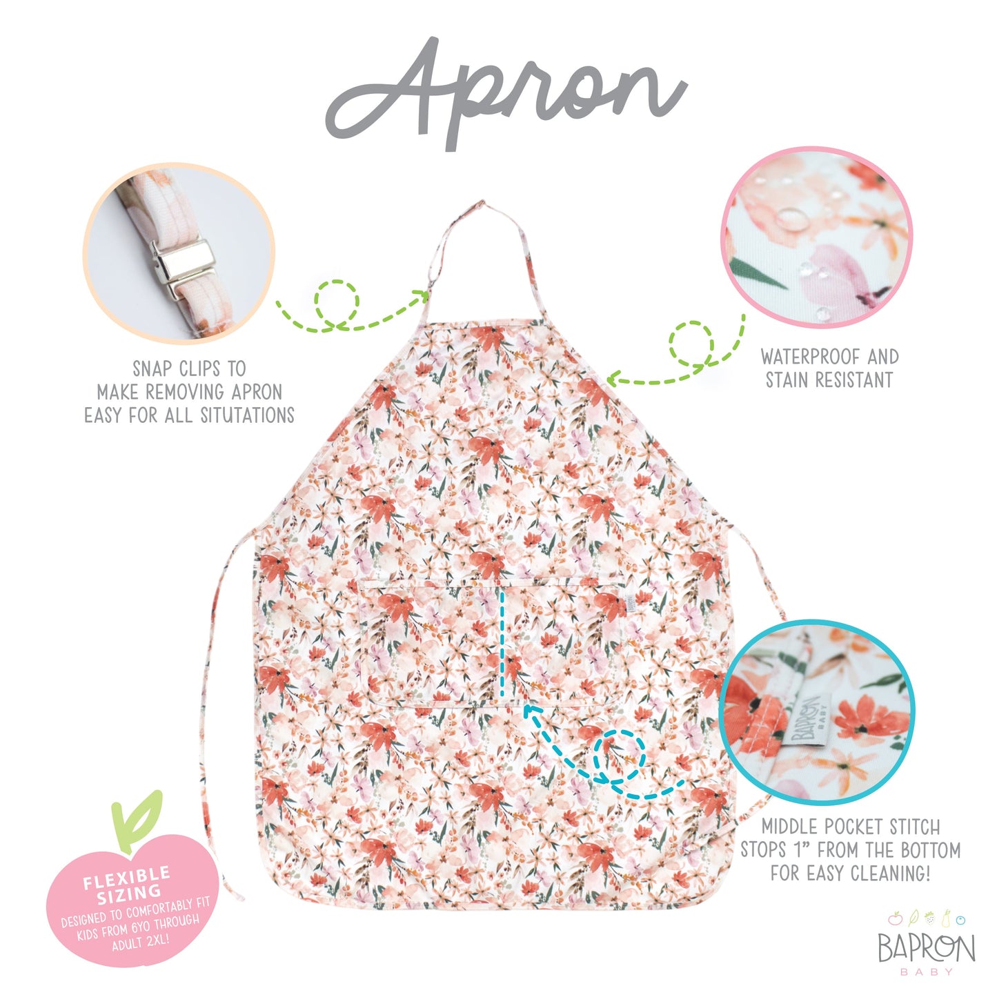 Peachy Dreams Apron - fits sizes youth small through adult 2XL