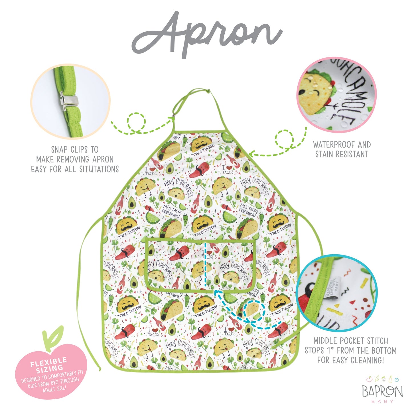 Taco Party Apron - fits sizes youth small through adult 2XL