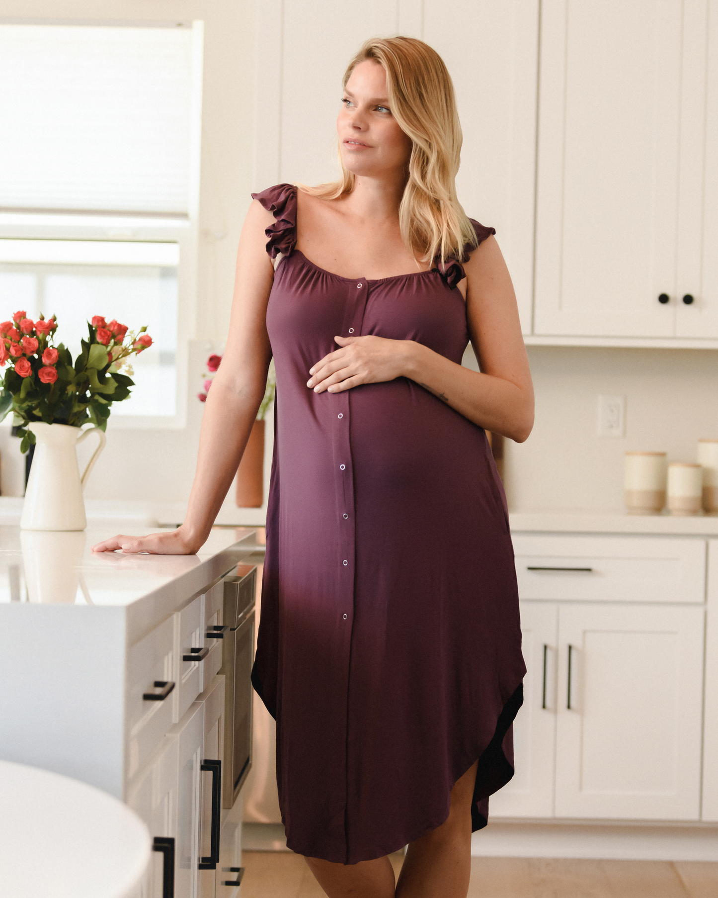 Ruffle Strap Labor & Delivery Gown | Burgundy Plum