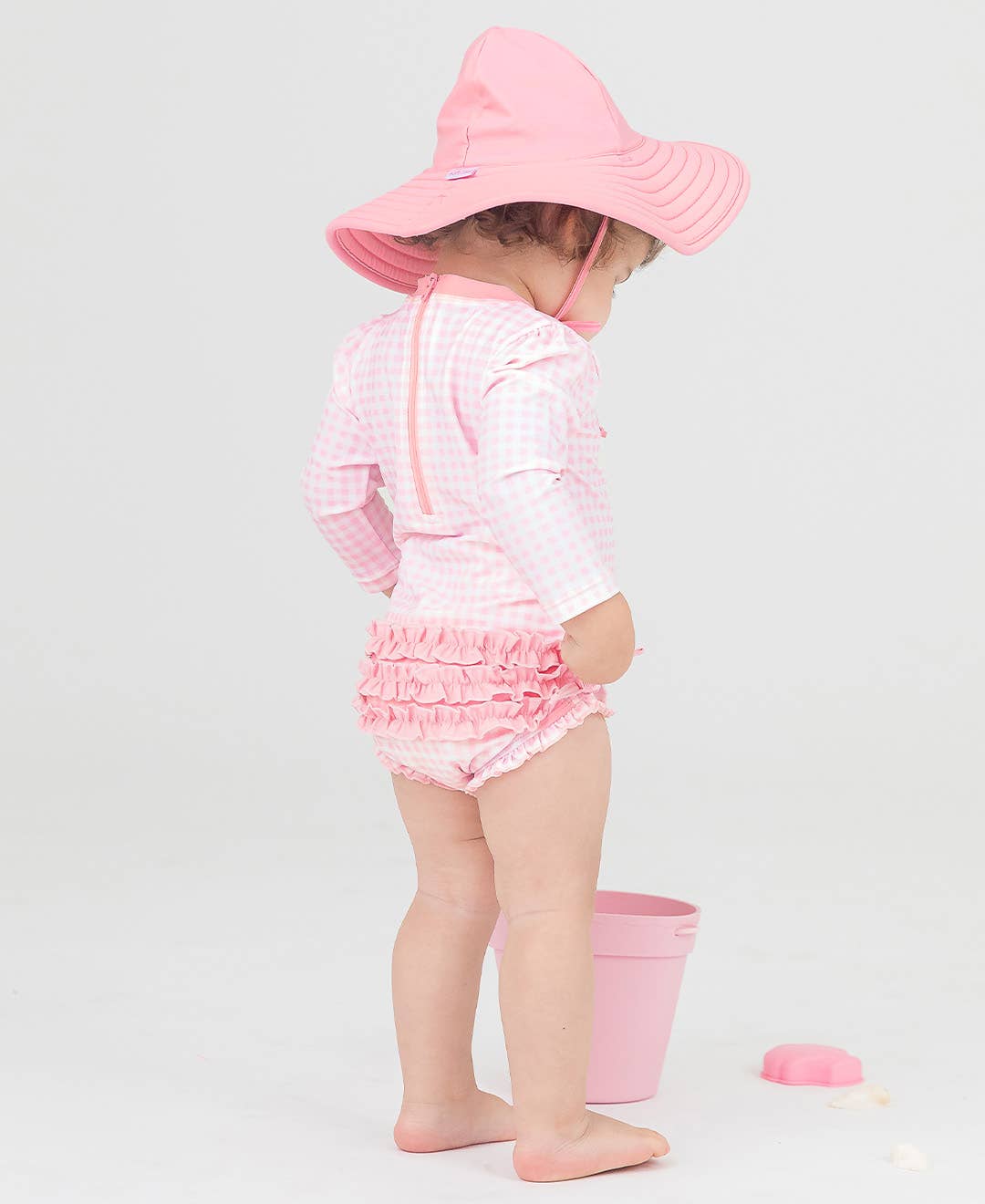 Baby Girls Pink Gingham Long Sleeve One Piece Rash Guard Swimsuit