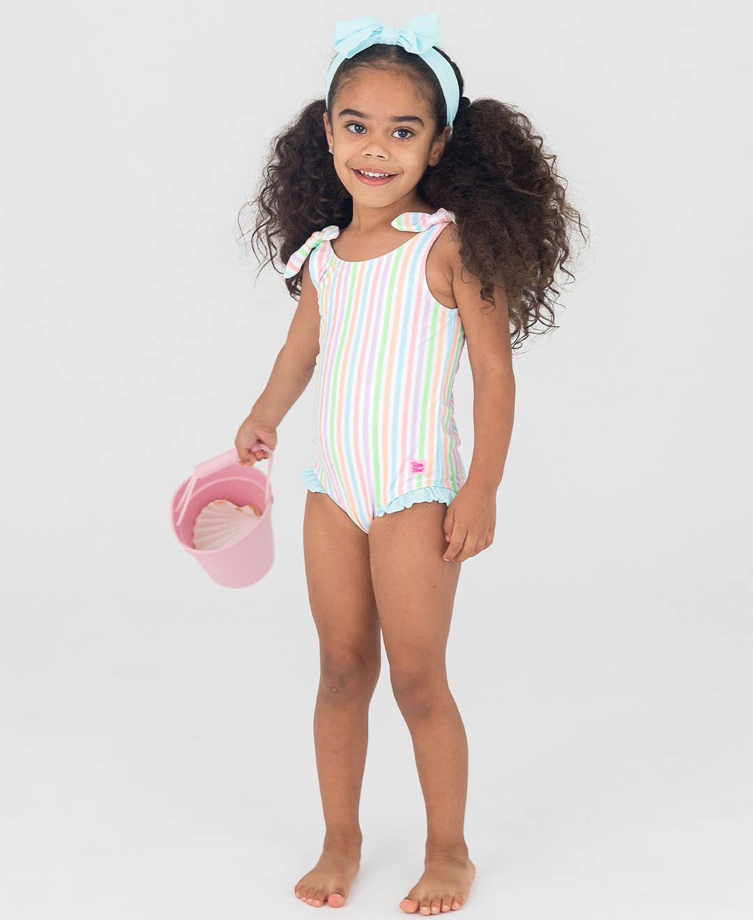 Girls Pastel Rainbow Stripe Tie Shoulder One-Piece Swimsuit