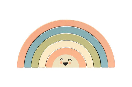 • Your little baby girl or baby boy will love playing, stacking and interacting with this adorable wooden rainbow toy by Pearhead!
• Includes 5 multicolor muted tone