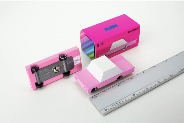We like to call this one the bubble gum, for the pink in all of us. Part of our new candycar line, a cute 3 inches long.
Materials &amp; Info: Solid Beech wood, wate
