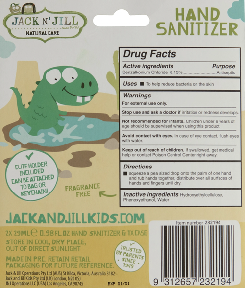 Kills 99.99% germs. Cute silicone holder included - can be attached to bag or keychain.
Fragrance free. Rinse free. Alcohol free.
Includes two bottles of hand saniti