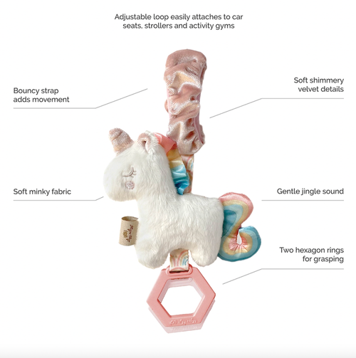 Let's Explore! Our soft, plush Ritzy Jingle™ is the perfect accessory to keep baby entertained! Inside is a jingle ball that helps stimulate baby with its gentle sou